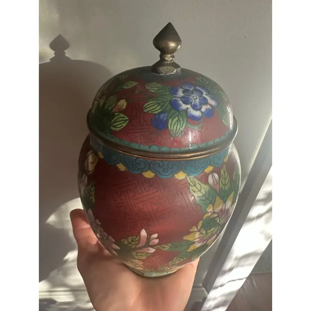 Vintage Chinese Cloisonné Enamel Ginger Jar Flowers  8” rust blue turquoise